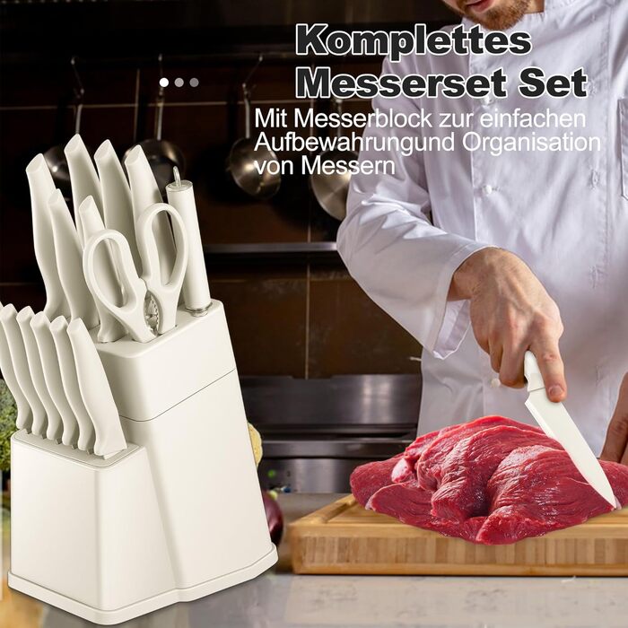 Набір ножів Joyfair 15 предметів з підставкою, з високоякісної вуглецевої сталі, з точильним каменем, для кухні, з кухонним ножем, ножем для хліба, ножицями, для нарізання та подрібнення (білий)