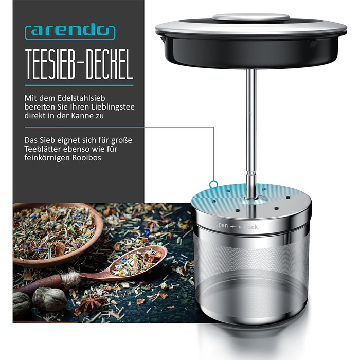 Arendo - Glass Water Kettle with Temperature Setting and Tea Strainer - Electric Kettle in Stainless Steel - Temperatures 70, 80, 90, 100 Degrees - 1.7 Liter - 2400 Watt - Keep Warm Function - BPA Free