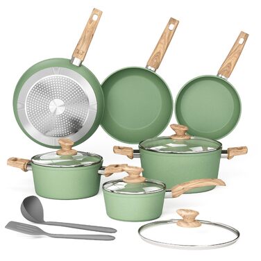 Набір каструль та сковорідок Kitchen Academy для індукційних плит, 12 предметів, колір шавлія (Sage Green)
