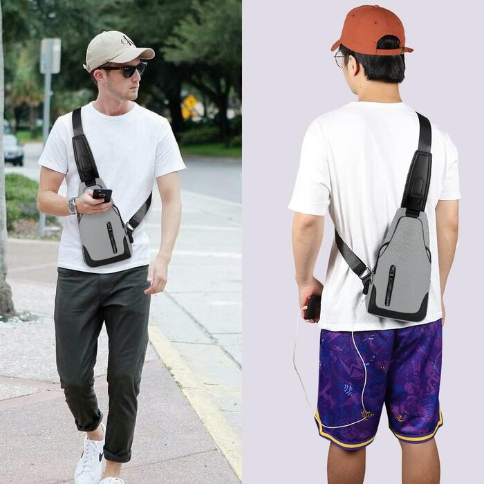 Чоловіча нагрудна сумка Brusttasche, Crossbody з USB-зарядкою, Оксфорд, водонепроникна, для спорту, роботи, подорожей (#6 A-grau)