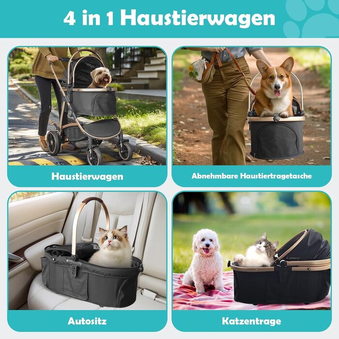 Трансформер для собак, візок-кішочка, складний, до 25 кг, з алюмінієвим каркасом, поворотні колеса, гальма, страховка, зручне сидіння (Чорний)