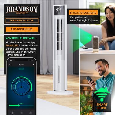 Вентилятор вежний з Wi-Fi та охолодженням Brandson ECO GREEN – розумне охолодження для дому, тихий, з керуванням Alexa, мобільний кондиціонер
