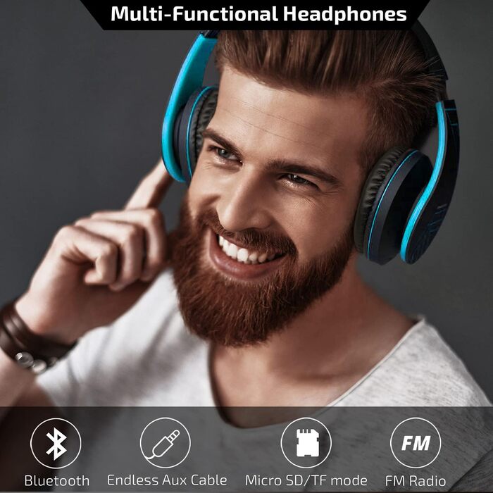 Бездротові навушники PowerLocus Over-Ear з Bluetooth, мікрофоном, складна конструкція, м'які амбушюри, Hi-Fi стерео звук, бас, для дітей та дорослих, TV/PC/Home Office (Чорний/Синій)
