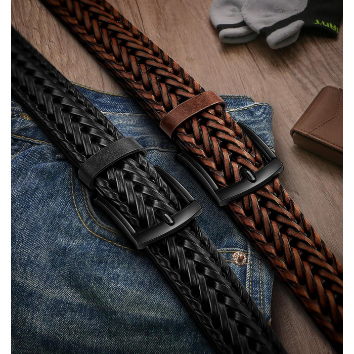 Чоловічі ремені BULLIANT 2 шт. в наборі, плетені шкіряні ремені для гольфу, повсякденного носіння та джинсів, 3,5 см, регульована довжина 120 см (36'-40'), чорний/світло-коричневий, 8115