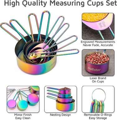 WELLSTAR Measuring Cups and Spoons Set, 4 Measuring Cups & 4 Measuring Spoons, with Stainless Steel Handles for Kitchen Cooking Baking, 8-Piece Set, Measuring Spoon Set for Dry and Liquid Ingredients
