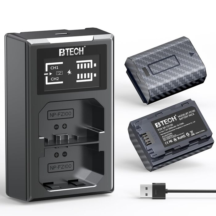 Акумулятор BTECH NP-FZ100 2600mAh (2 шт.) + Зарядний пристрій USB-C PD 18W для Sony A7 III/IV/R III/IV/V/C/S III/A9/A6600/A6700/FX3/FX30 (чорний)