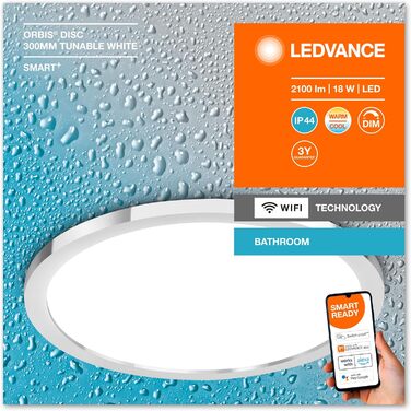 LEDVANCE Smart LED Bathroom Lamp white, 1200LM, 3000-6500K, 300mm x 70mm, IP44, Orbis Bath Bathroom Light with Wifi Technology, dimmable, controllable via app and voice assistants (Chrome, 30cm, Disc)
