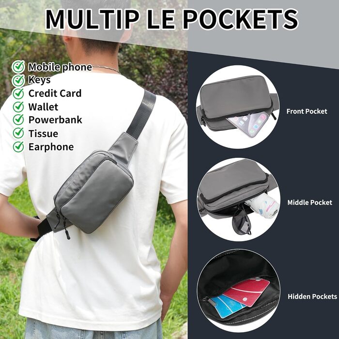 Гірчатка на пояс, сумка на стегно, унісекс, сіра - для подорожей, прогулянок, собак та повсякденного використання