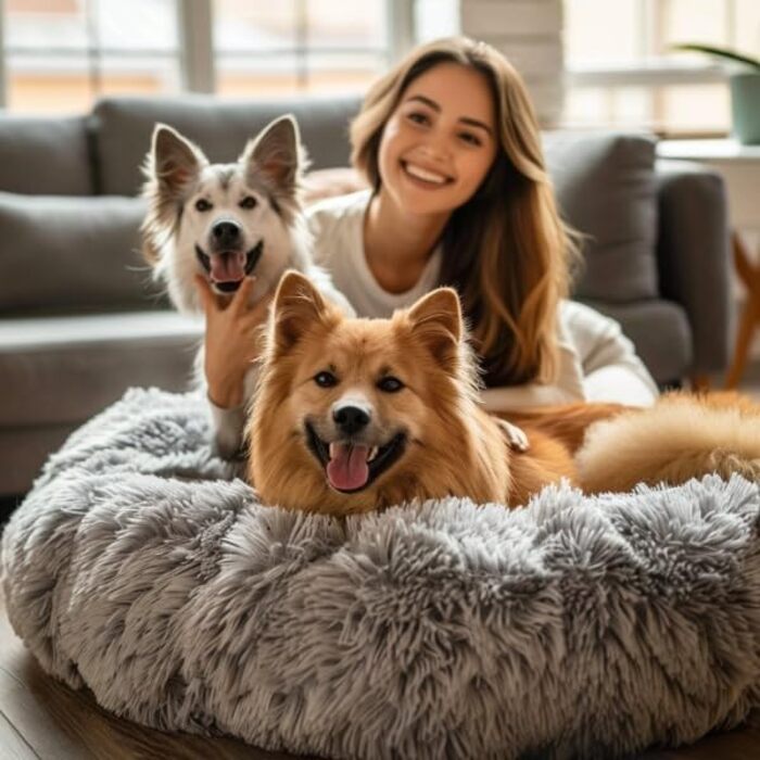 Кругле ліжко для собак та котів Pfoten&nasen® Wolke 7, 55 см, коричнево-біле, знімний чохол