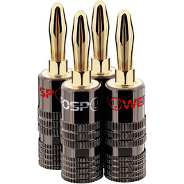 Bananstecker FosPower для акустичних кабелів: 2 пари (4 шт.) з покриттям 24K, для сабвуферів та стінних панелей. High-End Bananstecker FosPower для акустичних кабелів: 2 пари (4 шт.) з покриттям 24K, для сабвуферів та стінних панелей. High-End