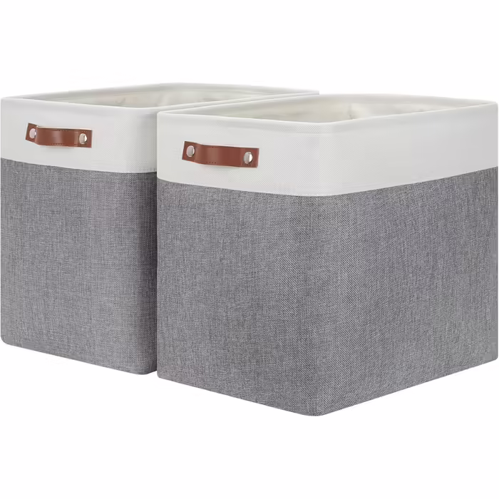 HNZIGE Large Storage Baskets, Rectangular Storage Baskets, Baskets for Organizing [2 Pack] Tall Shelf Baskets with Handles, Decorative Organizer for Home Storage, Closet (White-Gray)