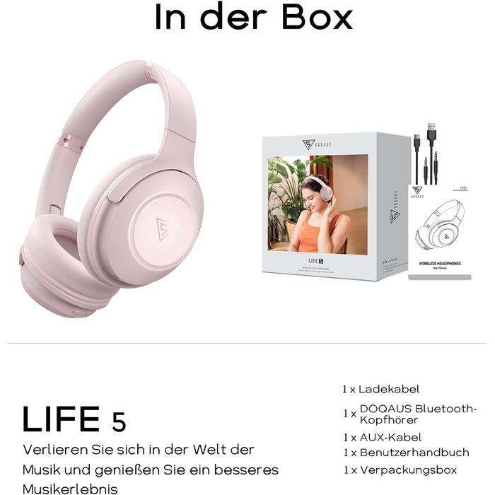 Бездротові навушники DOQAUS Bluetooth з тривалим часом роботи (70 год), Over-Ear, Bluetooth 5.4, Hi-Fi стерео, 3 режими EQ, для подорожей/телефону/ПК (Рожеві)