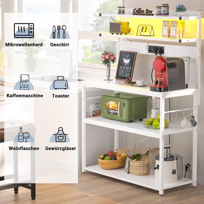 Кухонна полиця-стійка з розеткою, підставка для мікрохвильовки, 5-рівнева кавобара з LED-підсвічуванням, 80 см, білий колір