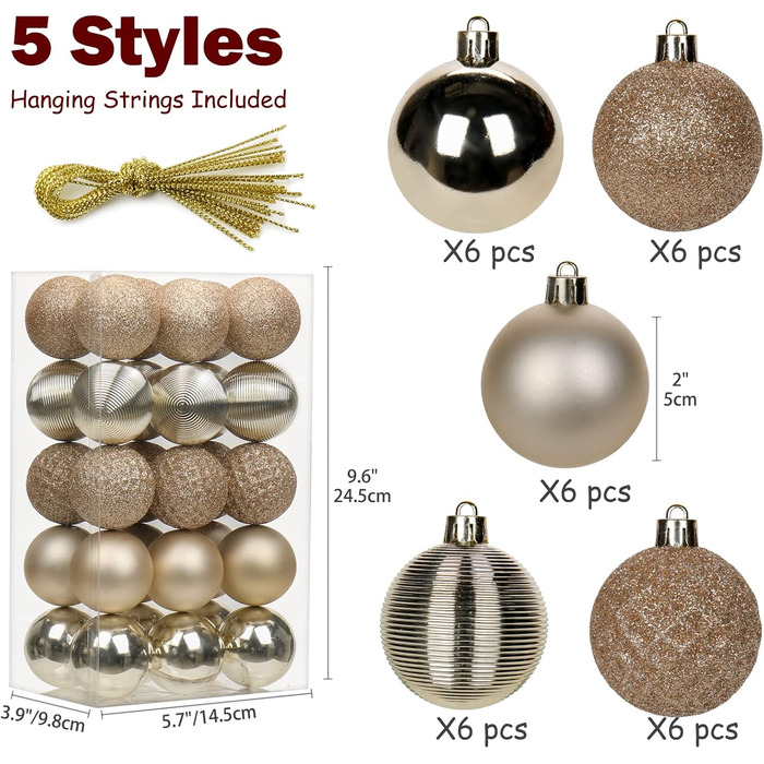 5 см золоті новорічні кулі-орнаменти для ялинки, 30 шт. (стійкі до пошкоджень, пластик)