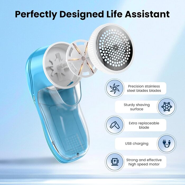 Електричний видалення ворсу для одягу та килимів, USB, 3 леза, блакитний