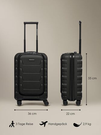 Набір валіз SMARTBOX з жорстким корпусом (3 шт) | Розширюваний на 3 см | З поліпропілену, TSA-замок, 4 колеса | Для жінок та чоловіків (Edition 01) (Чорний, S (55 см) з відділом для ноутбука)