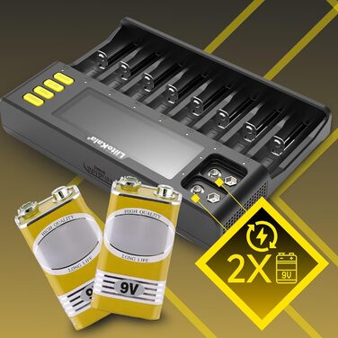 Зарядний пристрій Retoo для акумуляторів AA, AAA, 9V NI-MH/NI-CD, Li-ion 3.70V/3.80V, LiFePO4 3.20V, 12 слотів, швидка зарядка з LCD дисплеєм, чорний