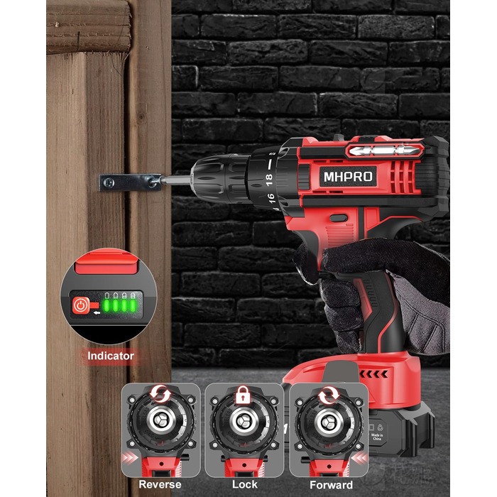 Акумуляторний шуруповерт 21V з набором 2 акумуляторів та 14 аксесуарів, кейс, 42Nm, 18+1 режимів, 10мм патрон, для дому