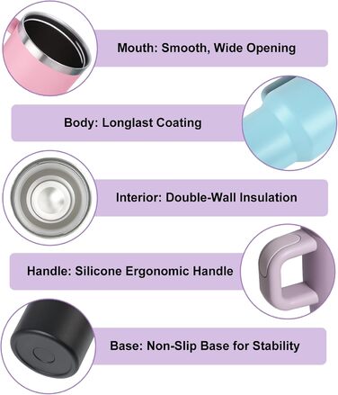 Термокружка ZAKVOP 410мл з трубочкою, кришкою та ручкою. Ізольована термокружка для кави та напоїв на виніс (світло-фіолетовий)