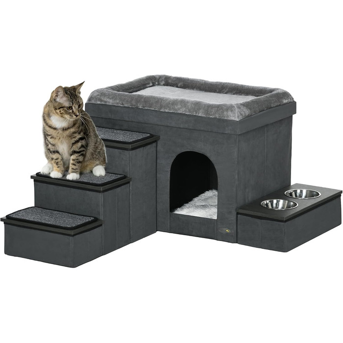 Кігтечка PawHut для котів та собак: будиночок з драбиною, 2 миски, м'яке ліжко, сірий, 78x48x49.5 см