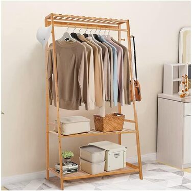 Bamboo Coat Rack, Clothes Rack with 3 Shelves and 10 Hooks, Clothes Rail, for Hallway, Living Room and Office, 80x43.5x165cm