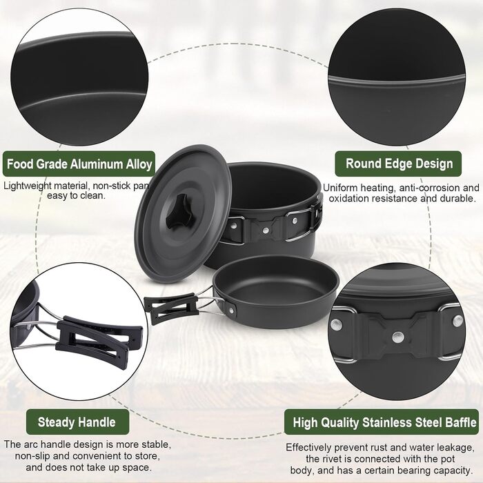 Набір кухонного посуду для кемпінгу: 15 предметів, чорний. Ідеально для пікніків, походів та кемпінгу. Включає казанок, сковорідку, чайник та інше.