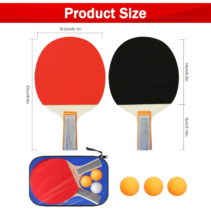Набір для пінг-понгу JurciCat: 2 ракетки, 3 м'ячі, сумка. Підходить для гри в приміщенні та на вулиці.