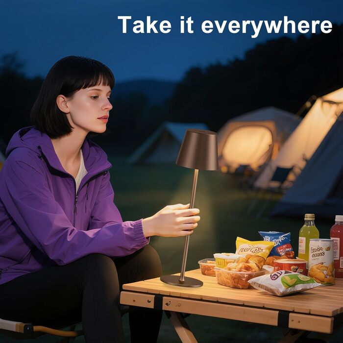 Акумуляторна LED настільна лампа бездротова з USB-C зарядкою, регульована яскравість, 3 режими світла, коричнева. Для дому, офісу, кемпінгу.
