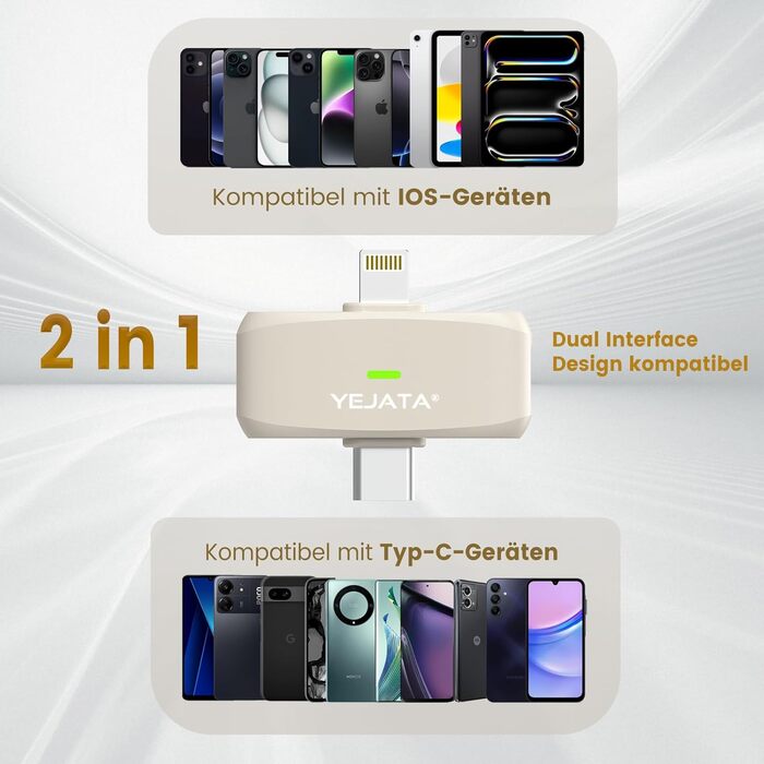 Мікрофон 2-в-1 для iPhone та Android з шумозаглушенням, кейс на 40 годин, магнітна застібка та кріплення для інтерв'ю, 25 метрів (Бежевий)