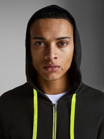 Чоловіча толстовка-худі на блискавці Jack & Jones Jjehomen Noos, Regular Fit, чорна з жовтими елементами, розмір XXL