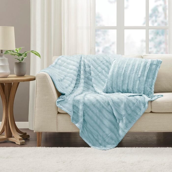 Плед Madison Park Duke Luxury: м'який, пухнастий, з довгого хутра, 50x60 см, блакитний