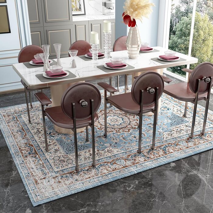 OMERAI Rug Living Room Washable Short Pile Rug Oriental Soft Bedroom Blue Non-Slip Vintage Rug 60x130CM Machine Washable Rug
