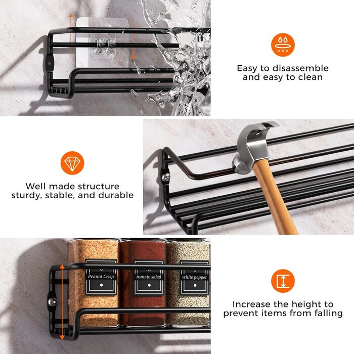 Настінна полиця для спецій, 4 шт. Організатор для спецій без свердління, металевий підвісний тримач для спецій з 8 самоклеючими та гвинтовими кріпленнями, для кухонної шафи/комори, чорний