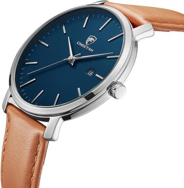 Чоловічий годинник CHEETAH: аналоговий кварцовий годинник з датою, водостійкий (3 ATM), з шкіряним ремінцем, спортивний стиль, для молоді (сріблясто-блакитний, коричневий)