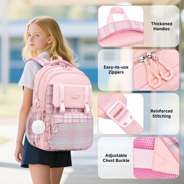 Дитячий рюкзак для школи для дівчаток 1-5 клас, 2025, Kawaii, ергономічний з нагрудним ременем, водонепроникний, 27L (Рожевий)