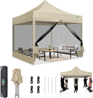 COBIZI Pavilion 3x3m Foldable, Waterproof & Winterproof (Khaki) – Stable Garden Tent with 23mm Steel Pipe, UV50+ and Mosquito Nets for Camping/Parties + Carrying Bag