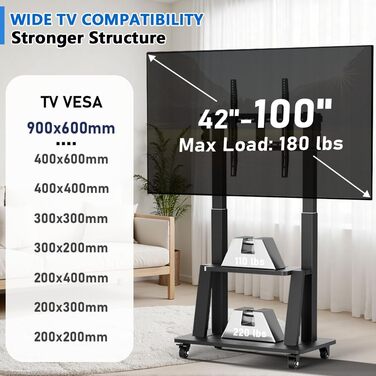 Мобільна підставка для телевізора з колесами 42-100 дюймів, регульована по висоті, VESA 900x600, до 82 кг