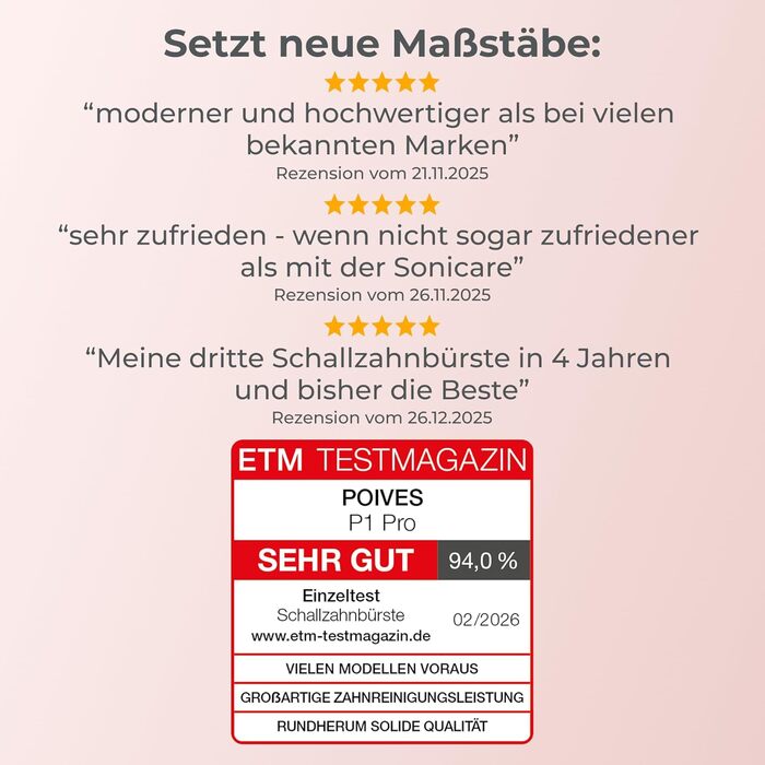 Електрична зубна щітка POIVES P1 Pro - ультразвукова, рожева перлина, з датчиком тиску, 4 роки гарантії