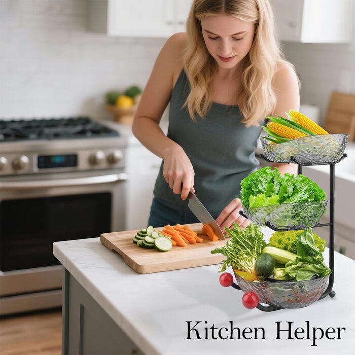 Пластикова підставка для фруктів Asaiy – 3 яруси, овальна корзина з металевим каркасом, сірого кольору. Організатор для фруктів, овочів, снеків та солодощів.