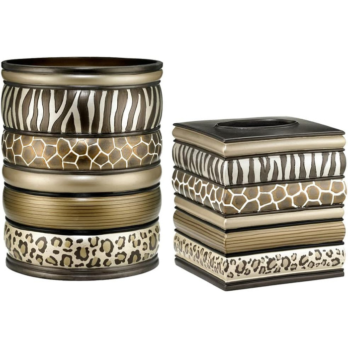 Набір аксесуарів для ванної кімнати Zahari Home Sinatra: миловарка, дозатор для лосьйону, склянка, тримач для зубних щіток, мильниця. Сучасний декор з блискучого мозаїчного скла, чорний (Safari Stripes). Набір сміттєвого контейнера та органайзера для серв