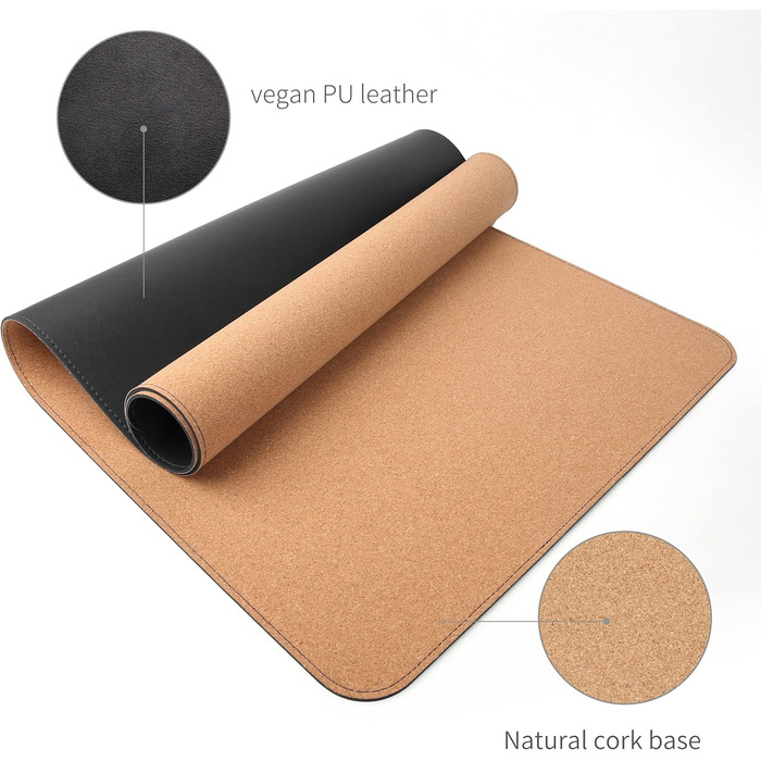 Килимок для миші RENMTURE двосторонній: Корк + PU-шкіра, 90x43 см, для офісу та дому, водостійкий, антиковзкий, чорний