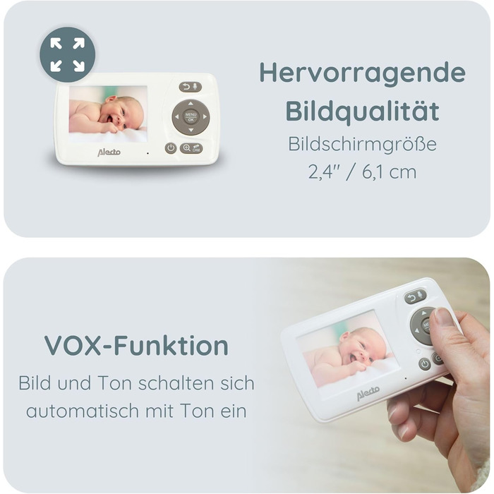 Відеоняня Alecto DVM-64 з функцією зв'язку, нічним баченням, поворотною камерою та великою дальністю дії (біла)