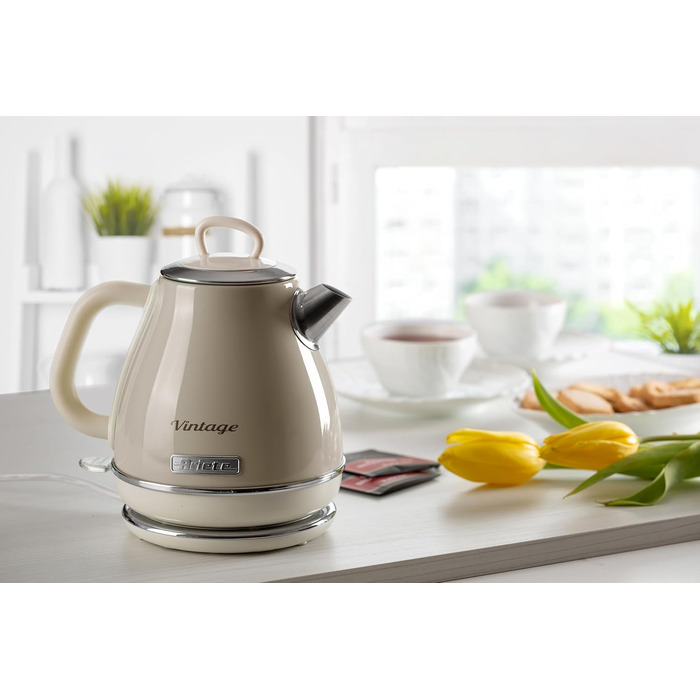 Електричний чайник Ariete Vintage 2868, Бежевий, 1 літр, 1600W, з бездротовим основанням, автоматичне відключення, нержавіюча сталь