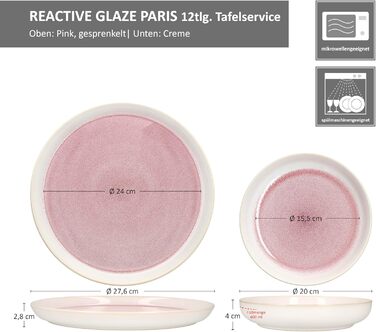 MamboCat Tafelservice Paris: 12 предметів, кремово-рожевий, керамічний посуд для 6 осіб (6 тарілок суп 400мл + 6 тарілок для їжі)