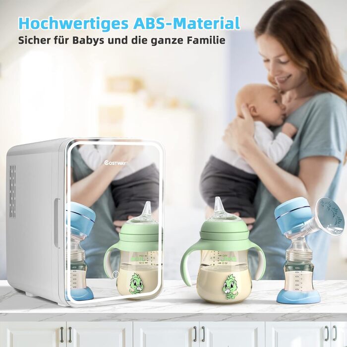 COSTWAY 10L Skincare Fridge - Mini Glass Door Fridge with Touch Screen Mirror & Cooling/Heating for Beauty & Cosmetics