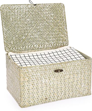 Плетений кошик для зберігання з кришкою з морської трави 36x24x18 см, прямокутний органайзер для ванної, декору та полиці, колір білений