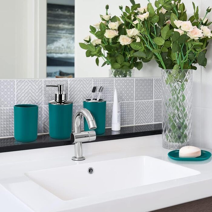 Набір аксесуарів для ванної кімнати Otostar Bambus (6 шт.) - зелений, з тримачем для ватних паличок, дозатором мила, підставкою для зубних щіток, мильницею, тримачем для унітазу та відром