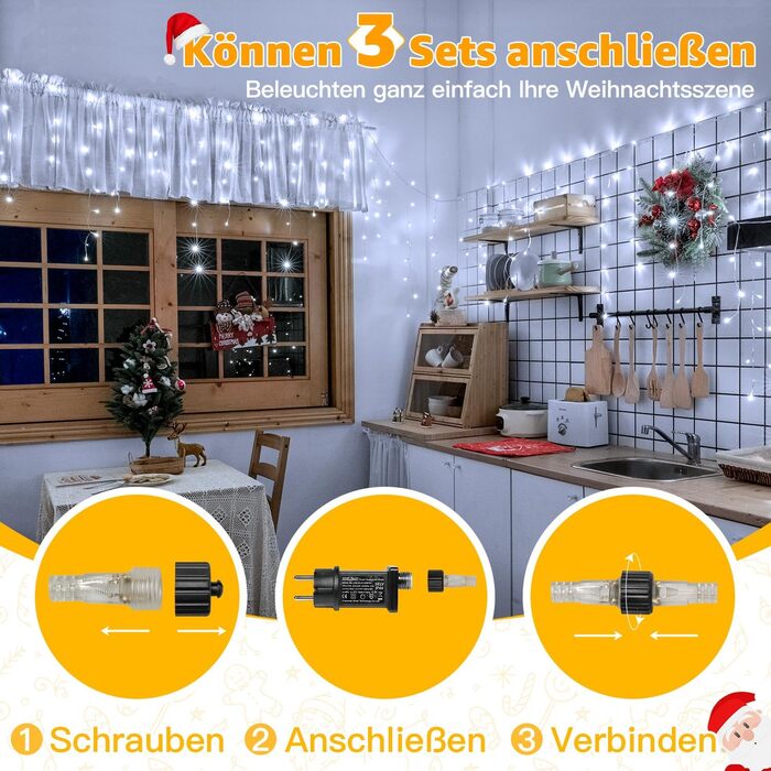 Ланцюжок прикрас з LED-підсвічуванням Ollny Eisregen 15м, 600 LED, для зовнішнього використання, з пультом, водонепроникний, 8 режимів, тепле біле світло, для балкона, даху, вікна, дому, ковадла