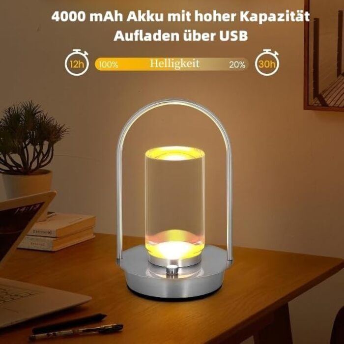 Світлодіодна настільна лампа з димером, акумуляторна, бездротова, сенсорна, 3 режими світла, кришталева, портативна, USB-C зарядка (Срібло)
