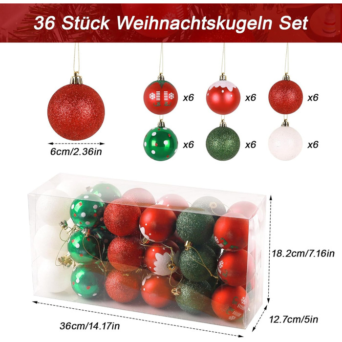 40 шт. ялинкових прикрас прозорих з кришкою, 6 см, з 5 різними внутрішніми дизайнами, пластикові кулі для ялинки, вікна, внутрішнього та зовнішнього декору (червоний + зелений + білий)
